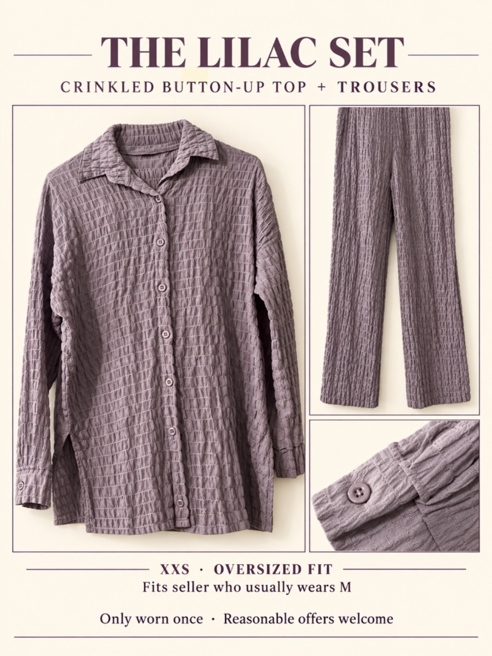 Lilac Purple Crinkled Button-Up & Trouser Set